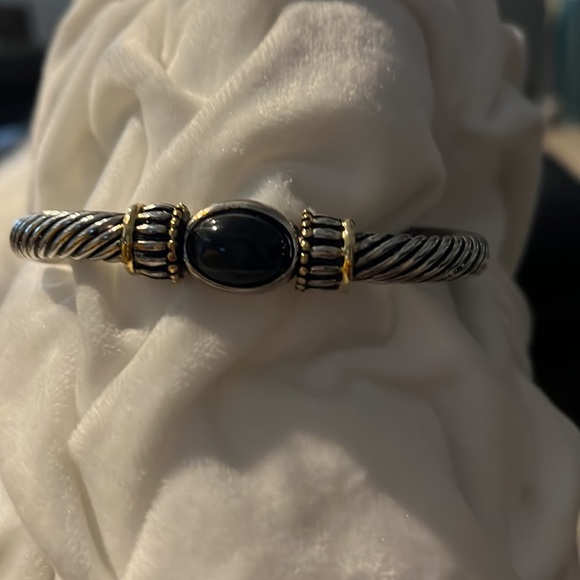 Cable Cuff Bangle Bracelet Silver and Gold Tone Trim with a black acrylic stone - Picture 3 of 5